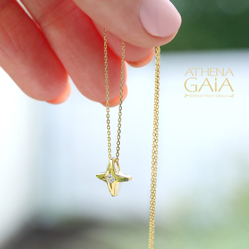 Star Cross Necklace - 14k Gold - Greek Cross