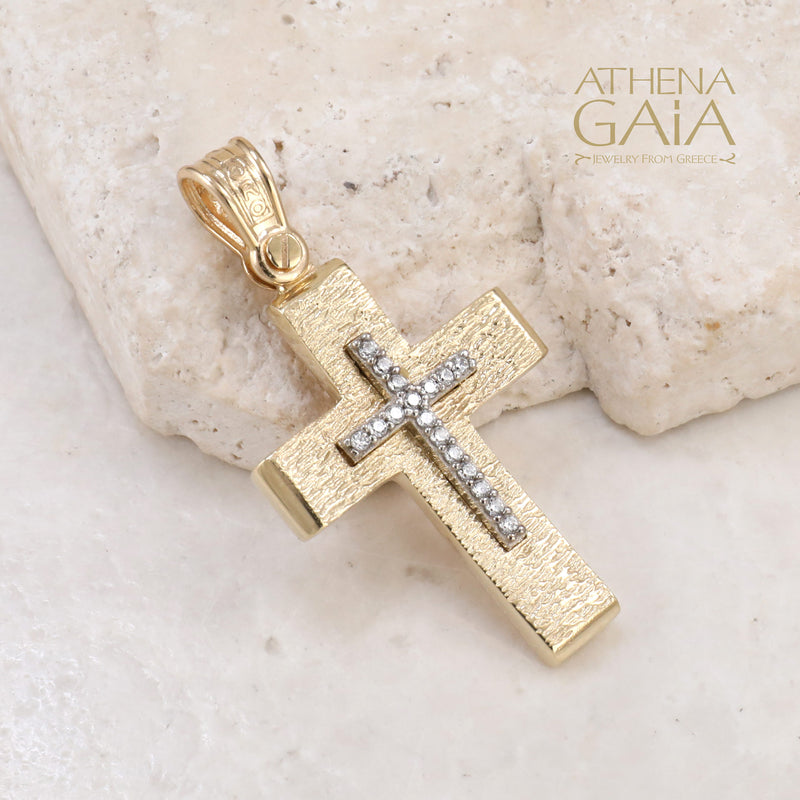 Cross on Etched Cross - 14k Gold - Latin Cross - Baptismal Cross