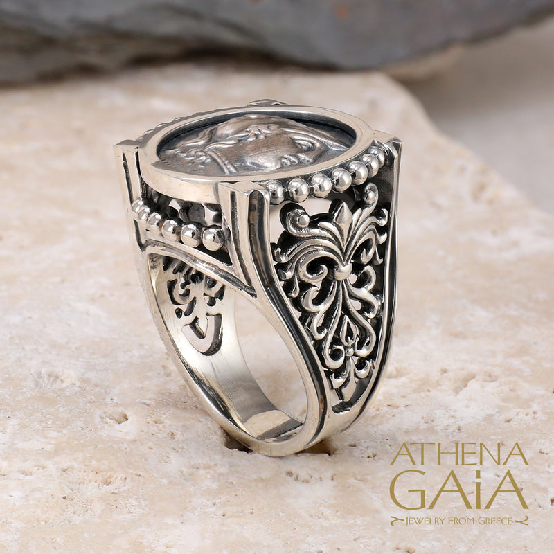 Athena Silver Coin Ring - Sterling Silver Ring - Signet Ring