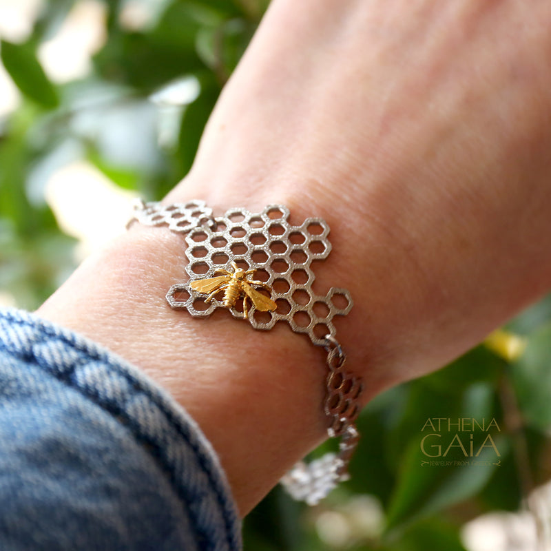 Basilissa Organic Honeycomb Bee Bracelet - Gold Plated Sterling Silver Bracelet