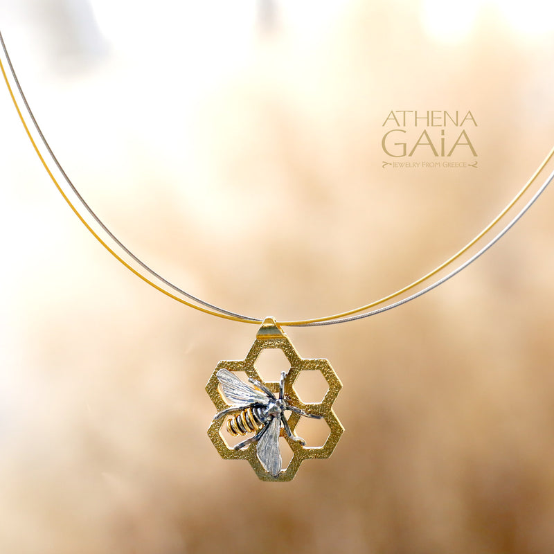 Faithful Honeybee on Honeycomb Necklace - Gold Plated Sterling Silver Necklace