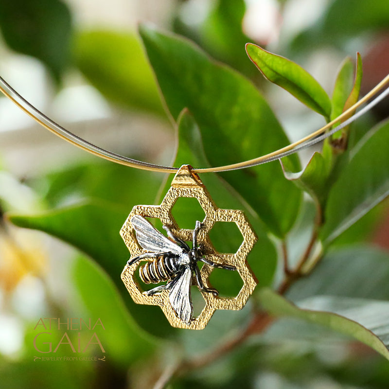 Faithful Honeybee on Honeycomb Necklace - Gold Plated Sterling Silver Necklace