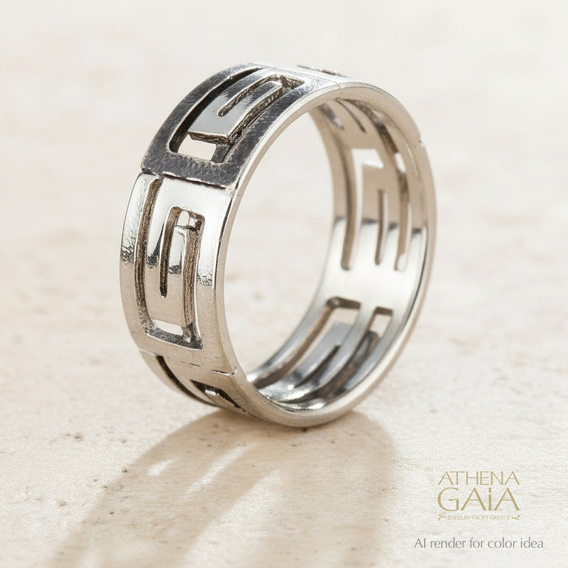 Stilvi Greek Key Bold Meandros Ring - Gold Plated Sterling Silver Ring - Cigar Band Ring