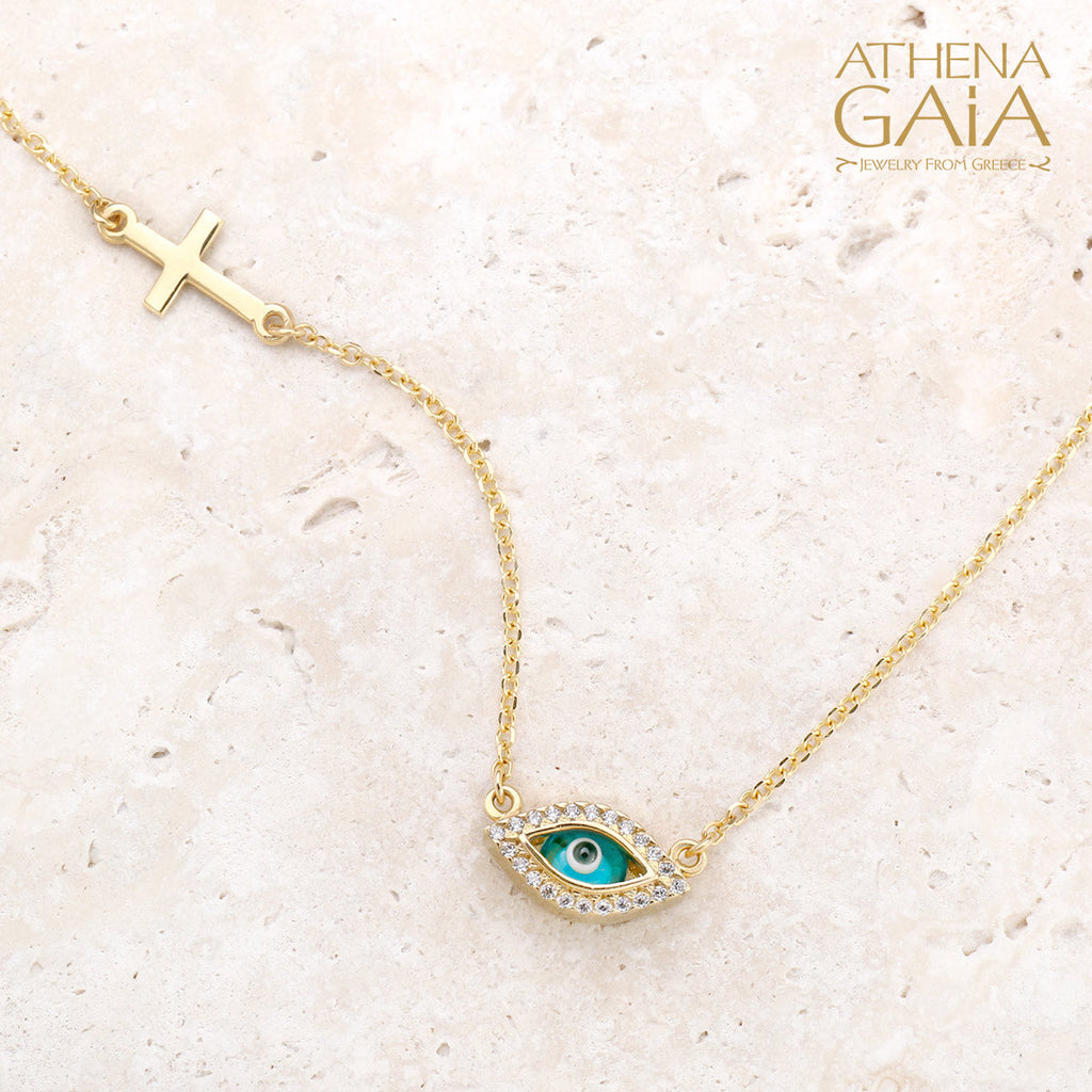 Angeliki Blue Matiaki Evil Eye & Cross Necklace (In-Stock)