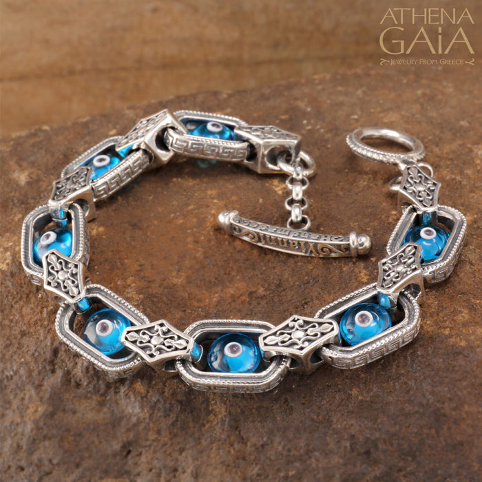 All-Mati Greek Key Link Bracelet - Sterling Silver - Evil Eye Bracelet