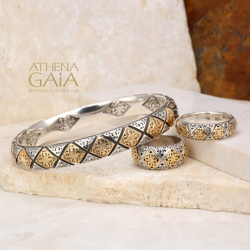 Byzantine Checker Wide Ring - 18k Gold & Sterling Silver Ring - Cigar Band Ring