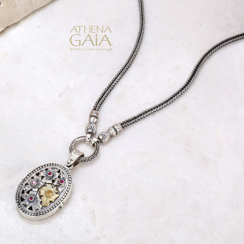 Gold Flower Field Locket Pendant - 18k Gold & Sterling Silver Pendant