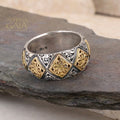 Byzantine Checker Wide Ring - 18k Gold & Sterling Silver Ring - Cigar Band Ring