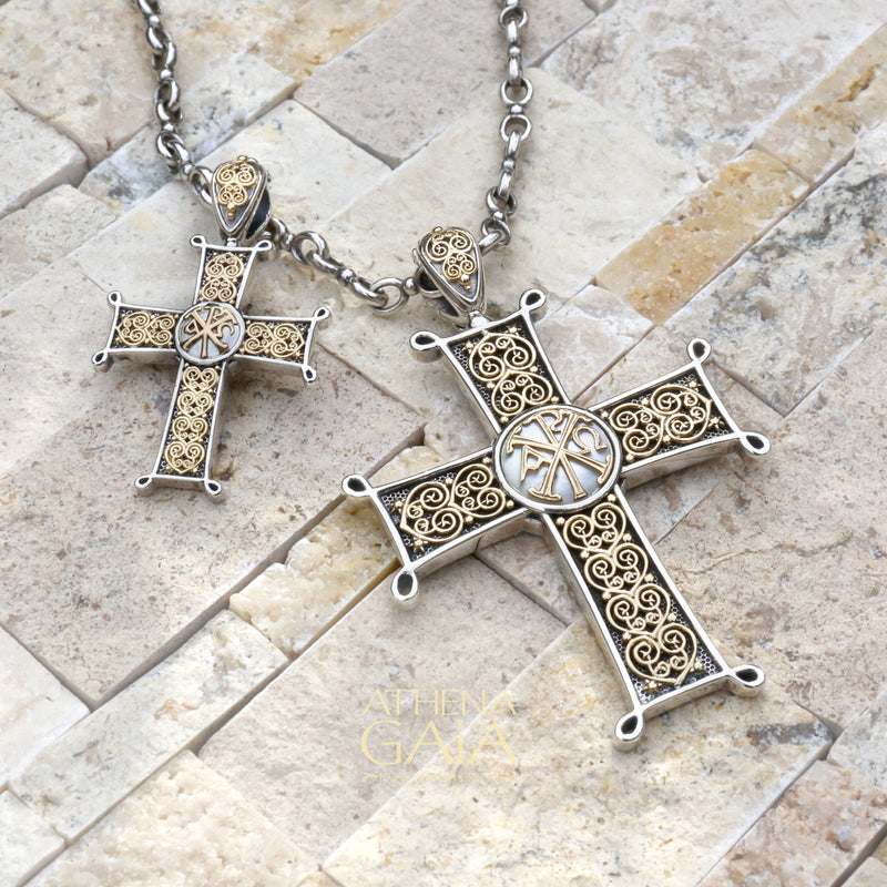 Chi Rho Latin Cross (Small) - 18k Gold & Sterling Silver - Cross Necklace