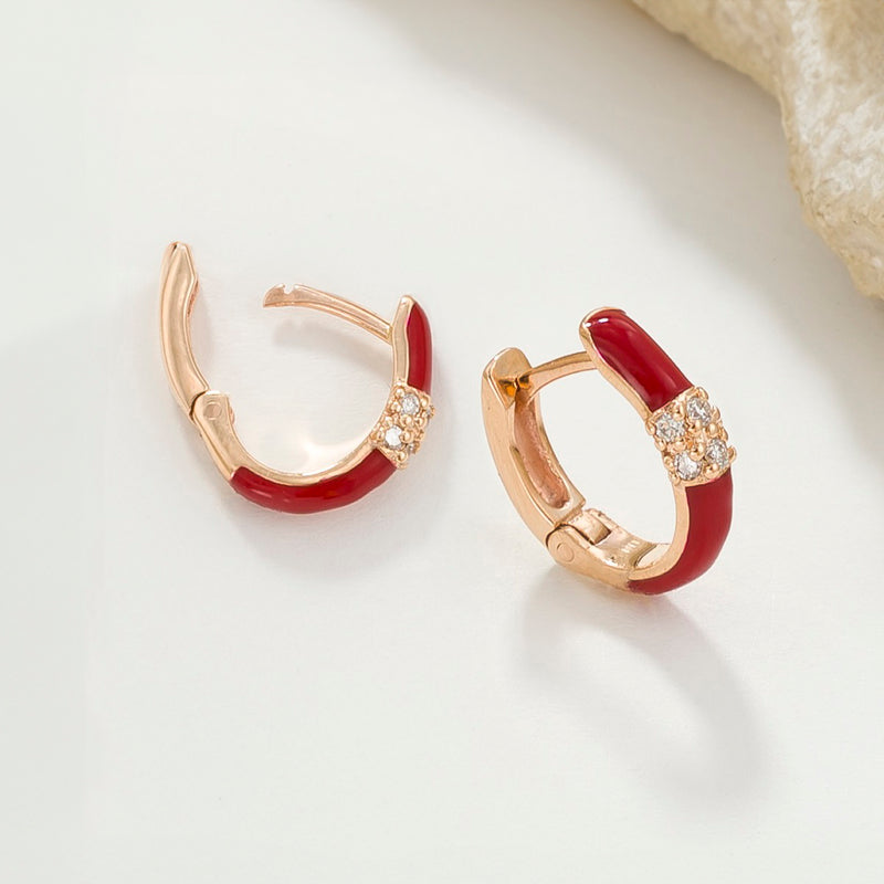 Diamond Cluster Enamel Earrings - 14k Gold - Huggies Earrings