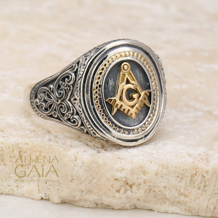 Freemason Compass and Square Ring