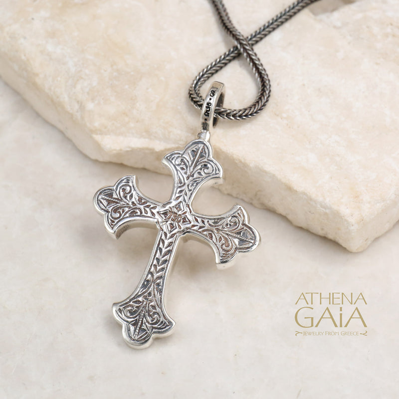 Aretousa Stone Fleury Cross (Medium) - 18k Gold & Sterling Silver - Orthodox Cross