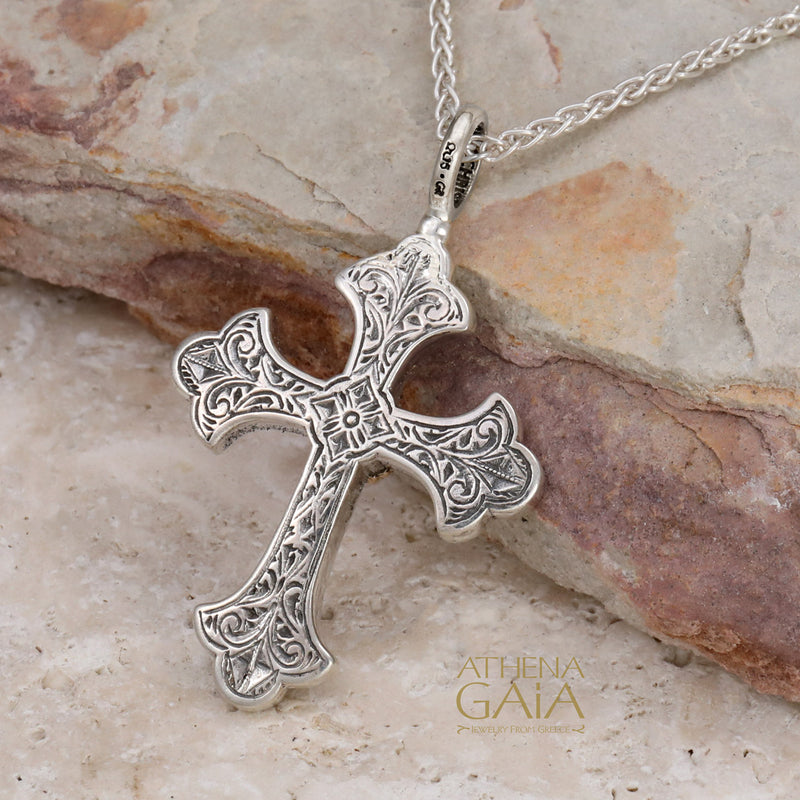 Aretousa Gold Faced Round Bezel Orthodox Cross (Large) - 18k Gold & Sterling Silver