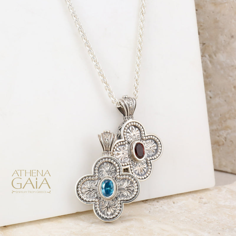 Rounded Greek Cross - Sterling Silver with Center Stone - Orthodox Cross Necklace