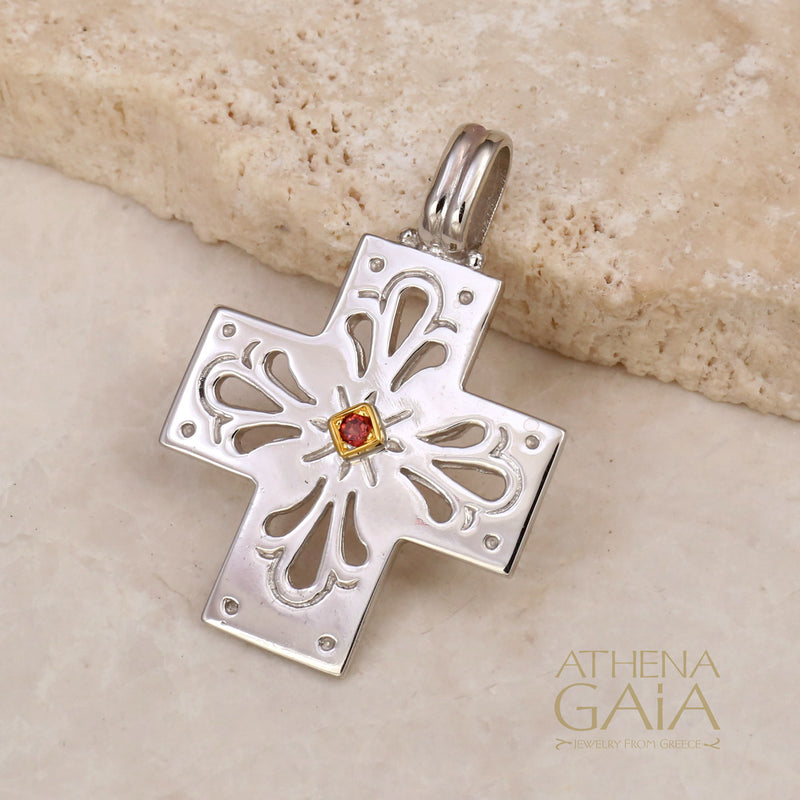 Anthemion Silver Gemstone Cross Necklace