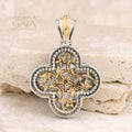 Floral Rounded Greek Cross - 18k Gold & Sterling Silver - Orthodox Cross Necklace