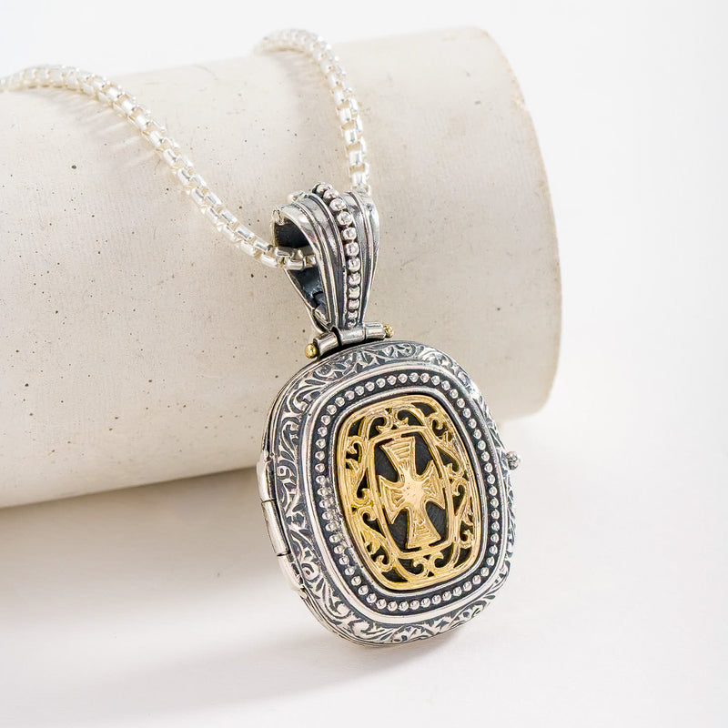 Gold Faced Barrel Locket Pendant - 18k Gold & Sterling Silver - Cross Locket Pendant