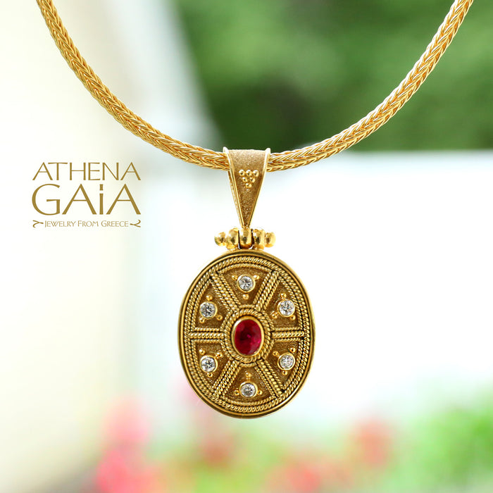 18k Gold Byzantine Damaskos Pendant with 6 Diamonds and a Ruby