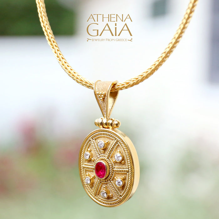 18k Gold Byzantine Damaskos Pendant with 6 Diamonds and a Ruby