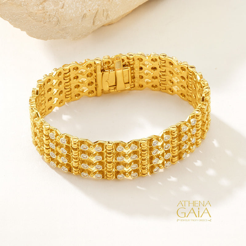 Byzantine Embroidery Wide Diamond Bracelet - 18k Gold - Cuff Bracelet