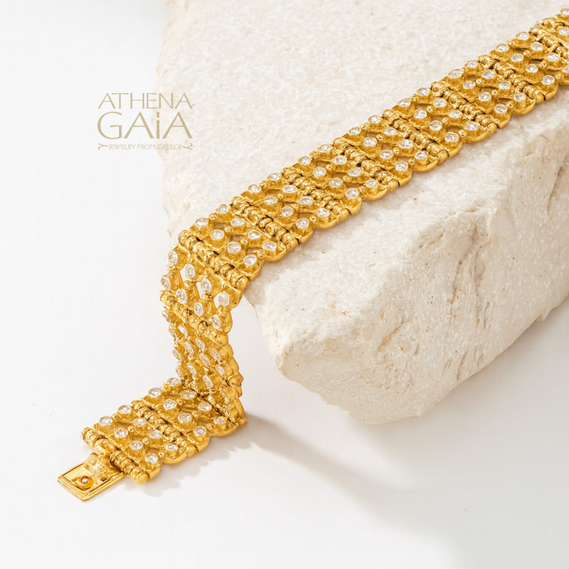 Byzantine Embroidery Wide Diamond Bracelet - 18k Gold - Cuff Bracelet