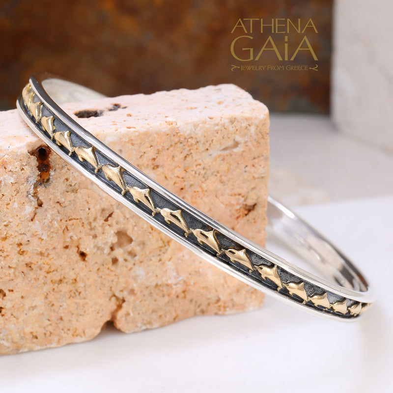 Thalassa Dolphin Bracelet - 18k Gold and Sterling Silver - Solid Bangle Bracelet