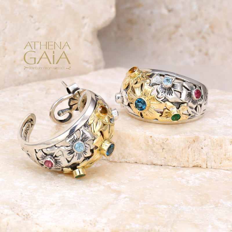 Flower Field Earrings - 18k Gold & Sterling Silver Earrings - Half Hoop Earrings