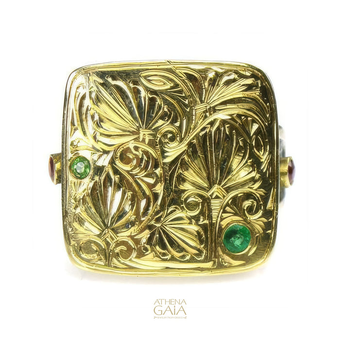 Rustic Anthemion Stone Ring - 18k Gold & Sterling Silver Ring - Cocktail Ring