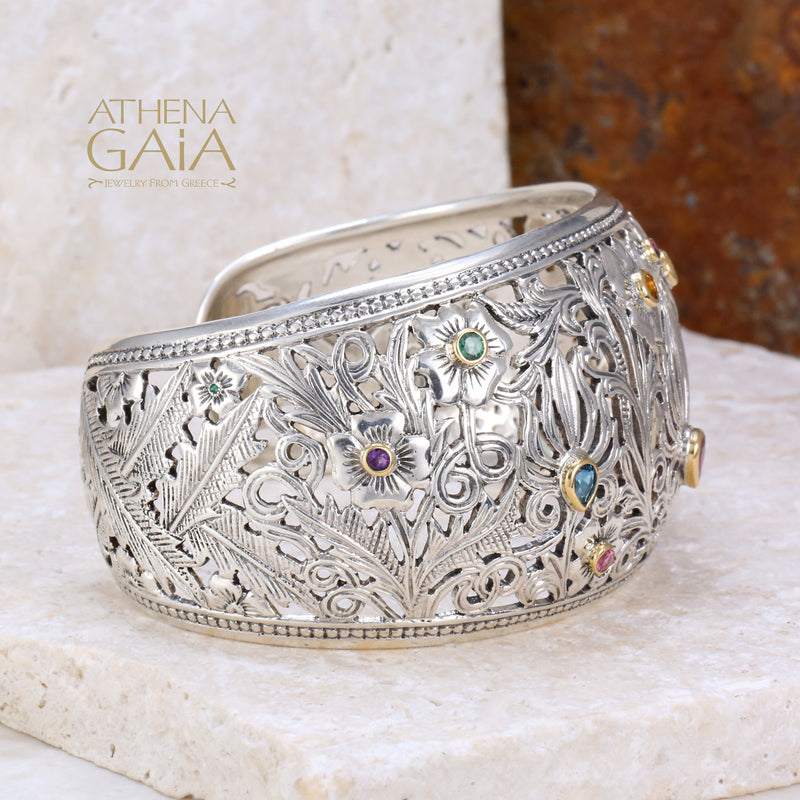 Wild Flowers Gold Bezel Bracelet - 18k Gold & Sterling Silver - Cuff Bracelet