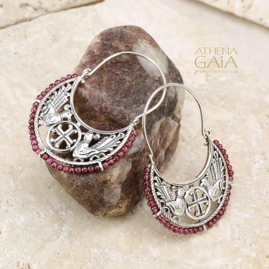 Byzantine Dove Beaded Earrings - Sterling Silver - Hoop Earrings