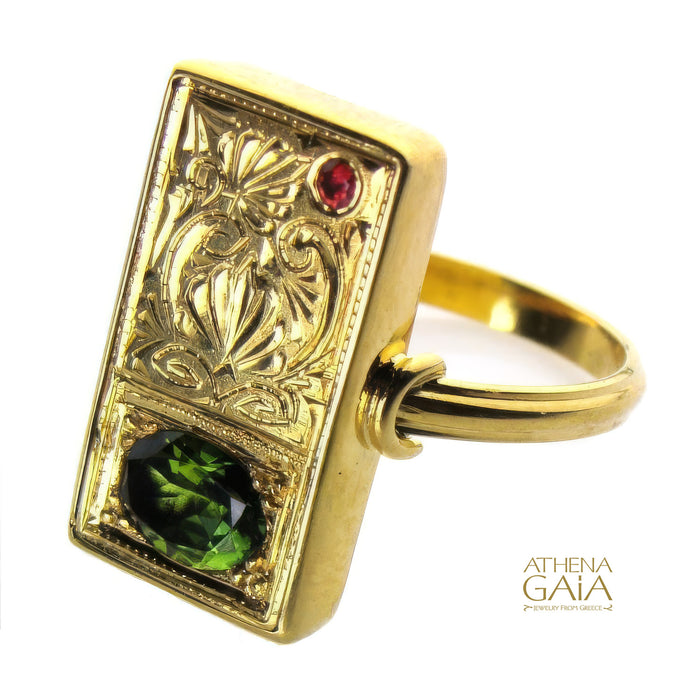 Ruby and Emerald Anthemion Long Ring - 18k Gold Ring - Cocktail Ring