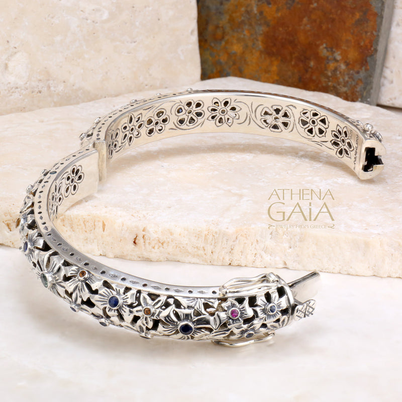 Flower Field Gemstone Bangle Bracelet - Sterling Silver - Cuff Bracelet