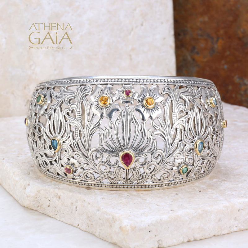 Wild Flowers Gold Bezel Bracelet - 18k Gold & Sterling Silver - Cuff Bracelet