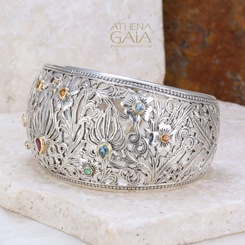 Wild Flowers Gold Bezel Bracelet - 18k Gold & Sterling Silver - Cuff Bracelet