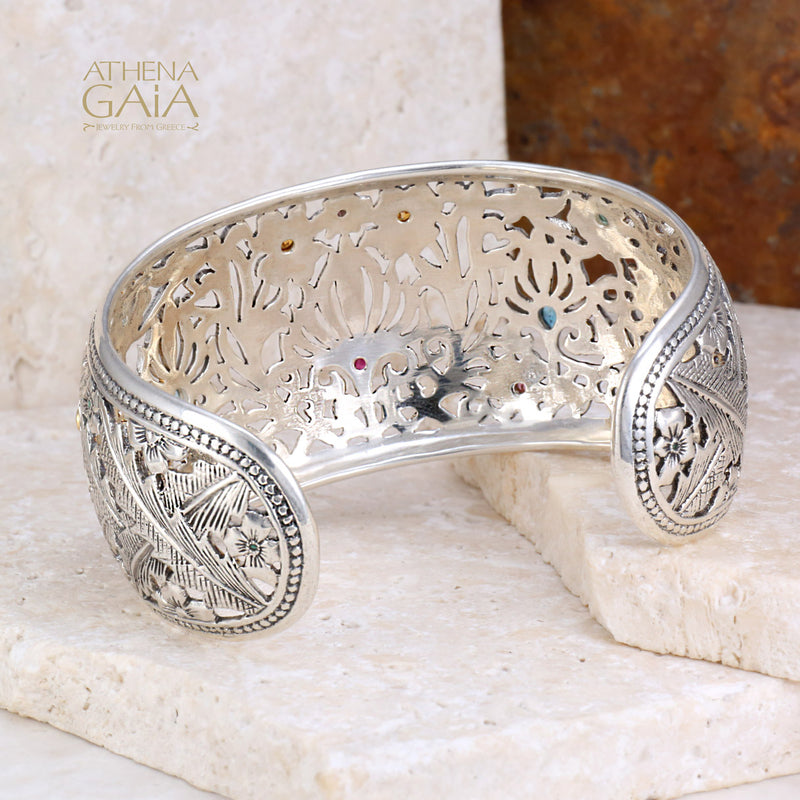 Wild Flowers Gold Bezel Bracelet - 18k Gold & Sterling Silver - Cuff Bracelet