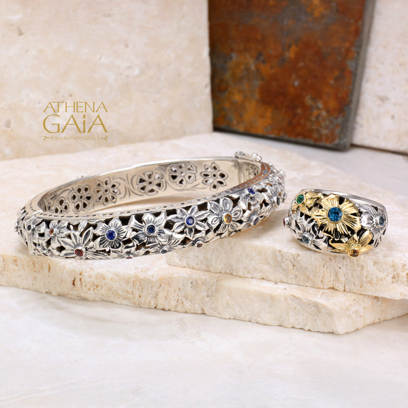 Flower Field Gemstone Bangle Bracelet - Sterling Silver - Cuff Bracelet