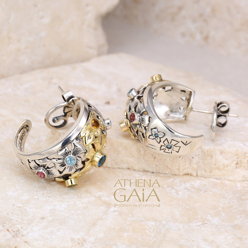 Flower Field Earrings - 18k Gold & Sterling Silver Earrings - Half Hoop Earrings