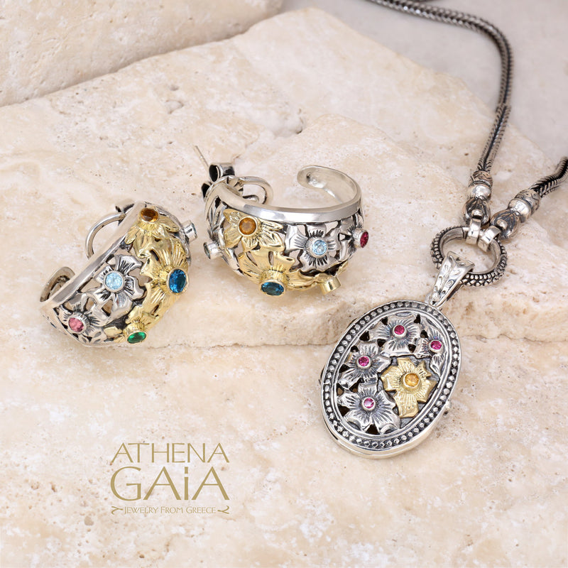 Gold Flower Field Locket Pendant - 18k Gold & Sterling Silver Pendant