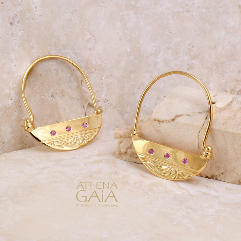Half Moon Earrings with Gemstones - 18k Gold - Hoop Earrings