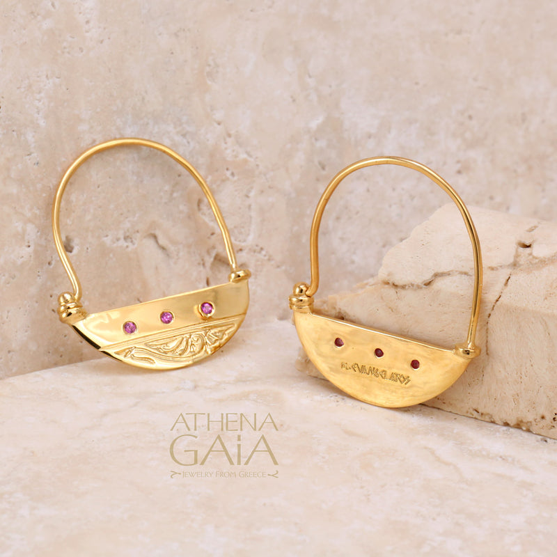 Half Moon Earrings with Gemstones - 18k Gold - Hoop Earrings