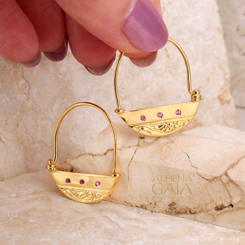 Half Moon Earrings with Gemstones - 18k Gold - Hoop Earrings