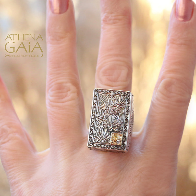 Poison Locket Ring with Diamond - 18k Gold & Sterling Silver Ring - Cocktail Ring