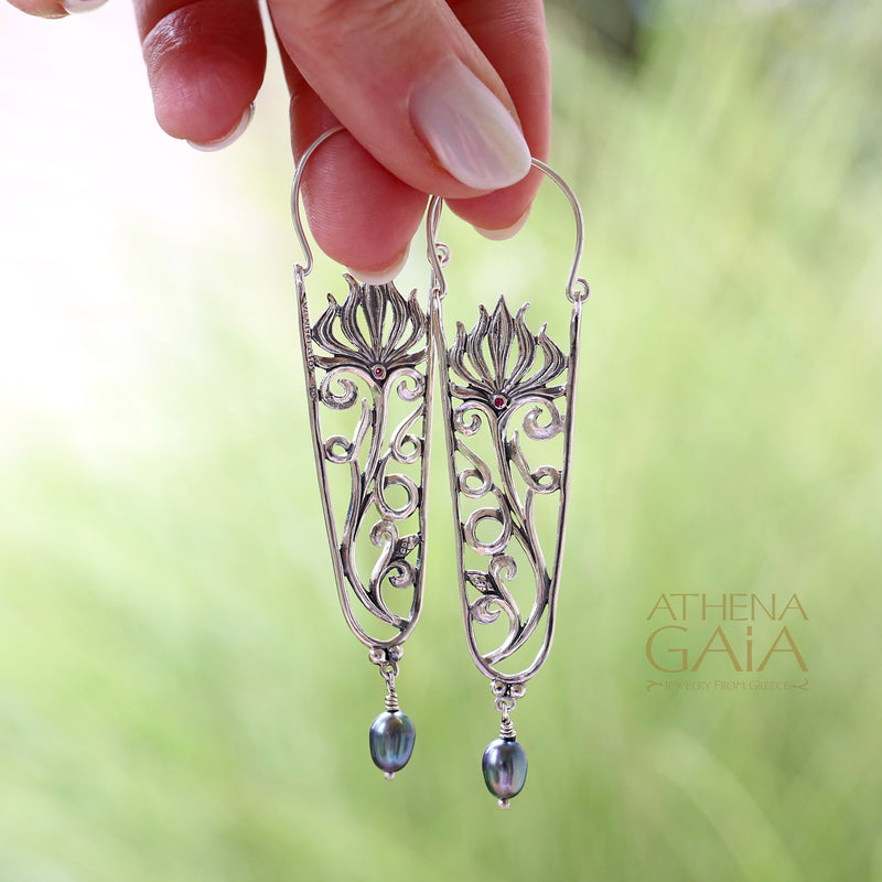 Anthemion Long Drop Earrings with Pearls - Sterling Silver - Pearl Drop Earrings