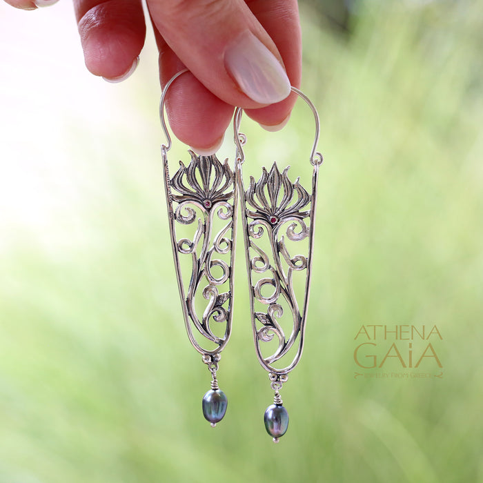 Anthemion Long Drop Earrings with Pearls - Sterling Silver - Pearl Drop Earrings