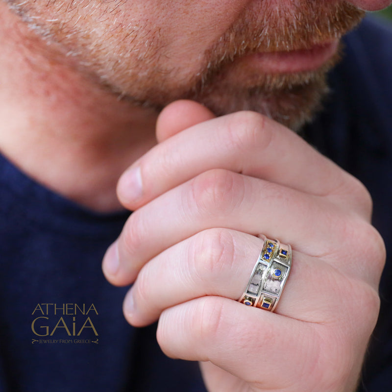 Light Geologic Ring - 18k Gold & Sterling Silver Ring - Cigar Band Ring