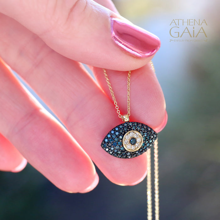 Al'Oro 18k Full Pave Mati Evil Eye Pendant with Necklace