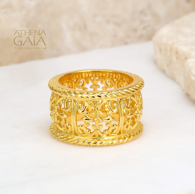 Byzantine Embroidery River Ring - 18k Gold - Cigar Band Cocktail Ring