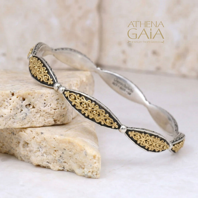 Aretousa Bracelet - 18k Gold and Sterling Silver - Solid Bangle Bracelet