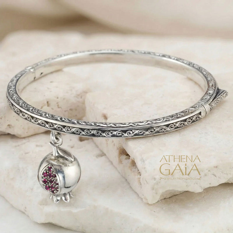 Good Fortune Pomegranate Bangle - Sterling Silver - Hinged Bangle Bracelet