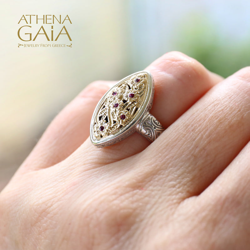 Meadow Shadows Harmony with Rubies Ring - 18k Gold & Sterling Silver Ring - Cocktail Ring